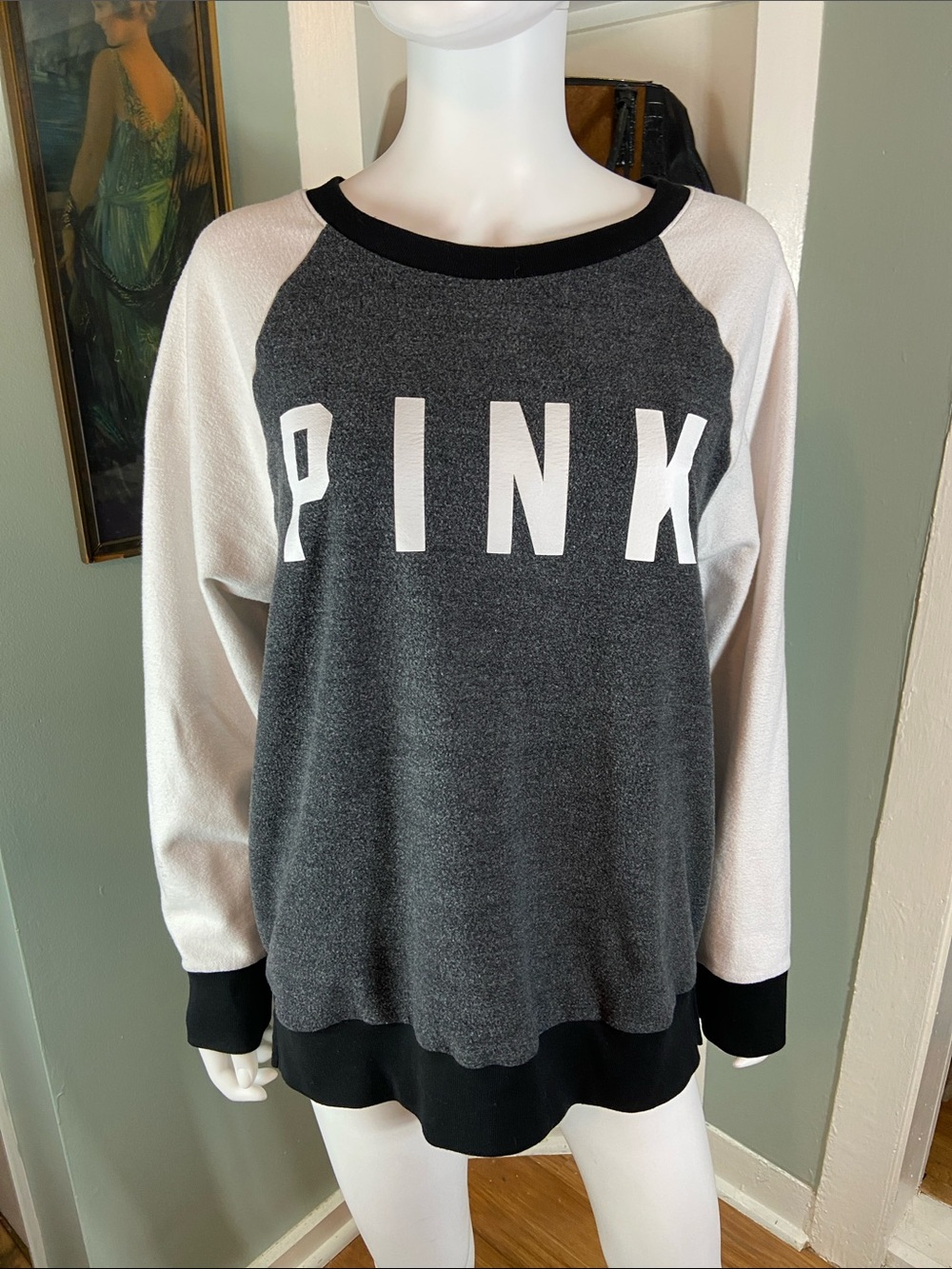 PINK Victoria's Secret Flannel Sweatshirt Black Gray Medium Long Sleeve Sweater
